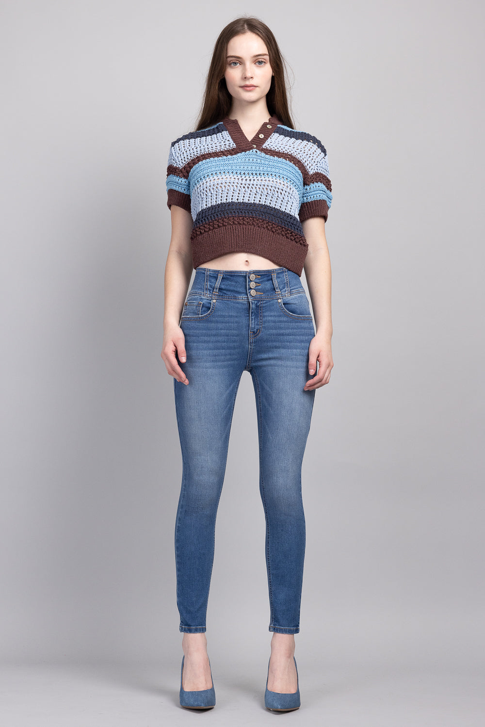 High Rise 3 Button Ankle Skinny Jeans