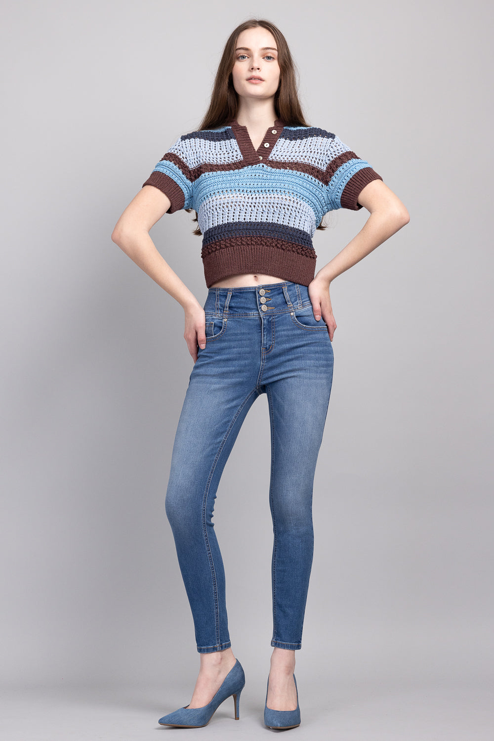 High Rise 3 Button Ankle Skinny Jeans