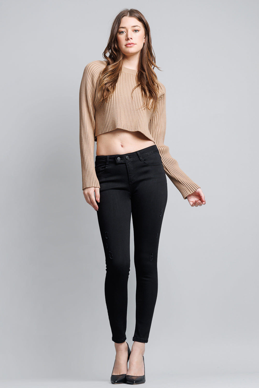 High Rise 2 Button Black Ankle Skinny Jeans