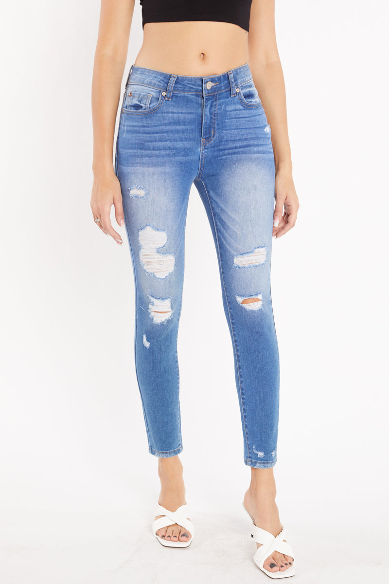 High Rise Destructed Ankle Skinny Jeans