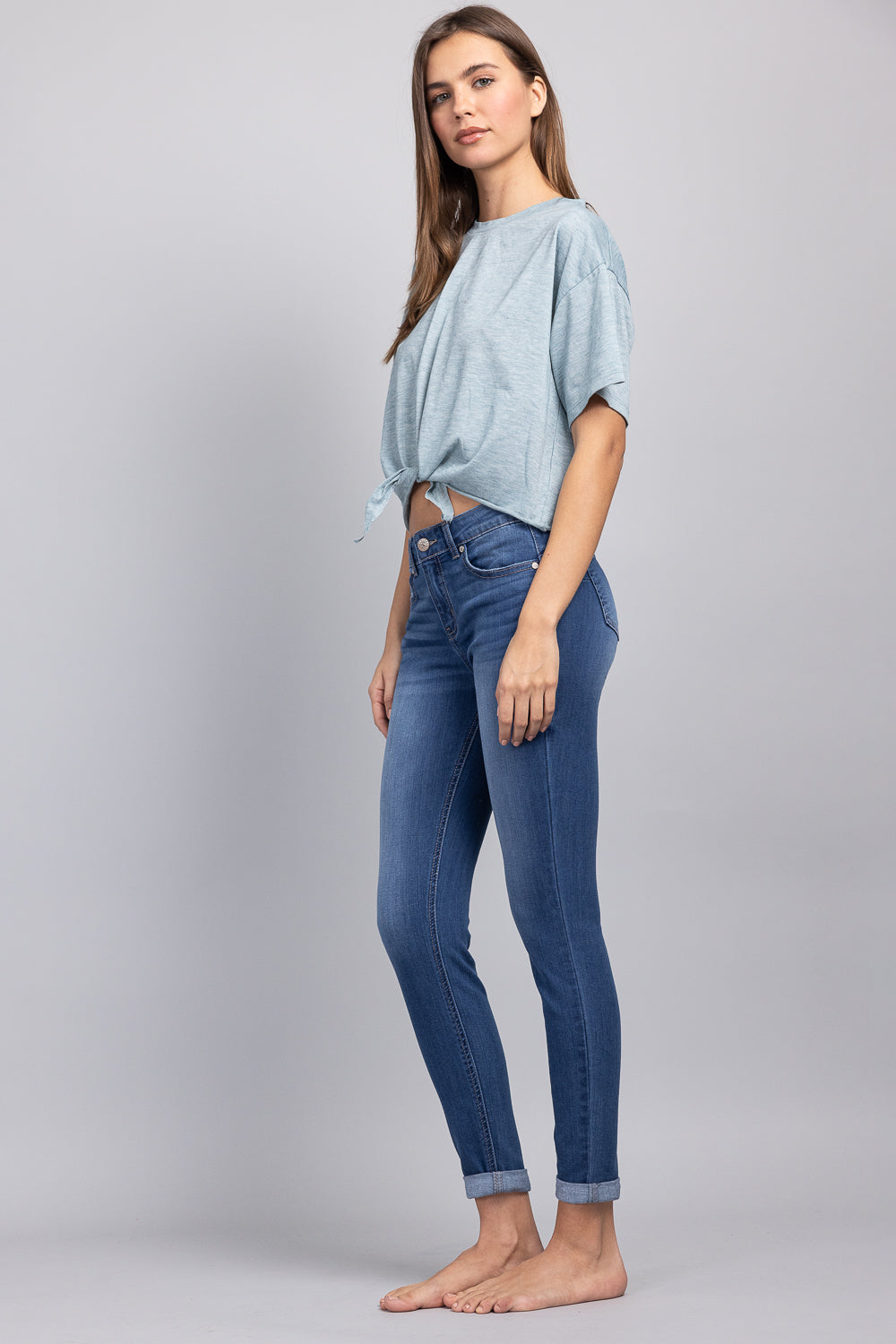 Mid Rise Push Up Ankle Skinny Jeans