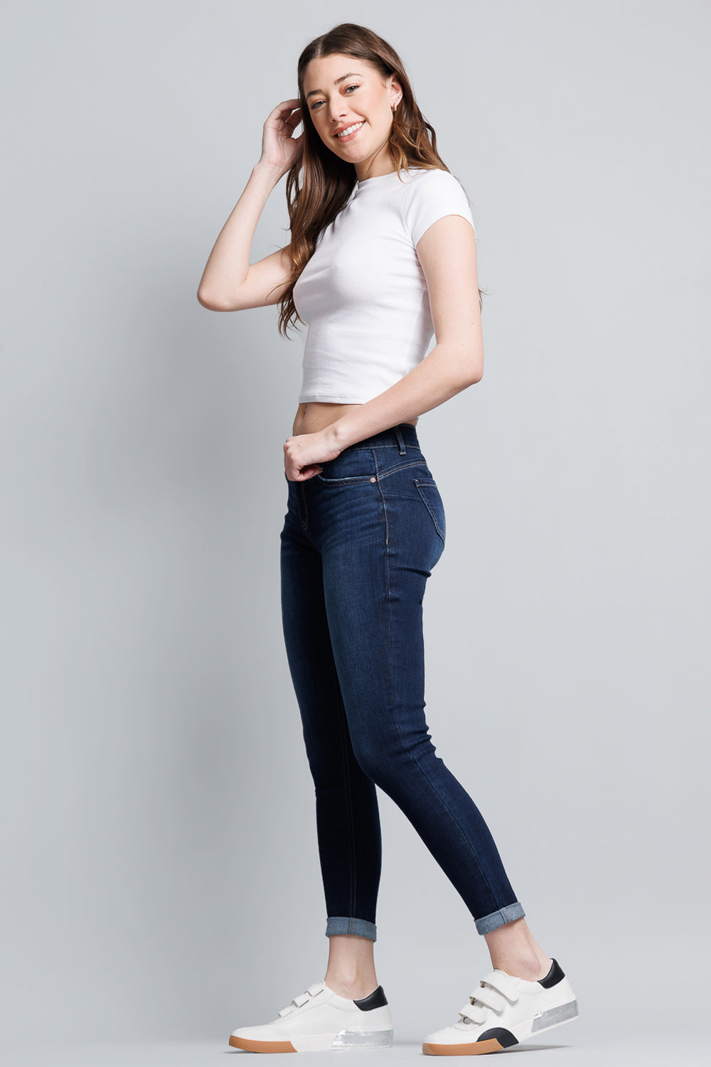 Mid Rise Push Up Roll Cuffed Ankle Skinny Jeans