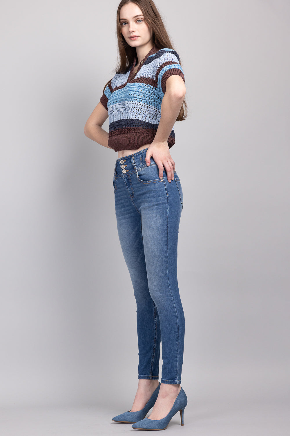 High Rise 3 Button Ankle Skinny Jeans
