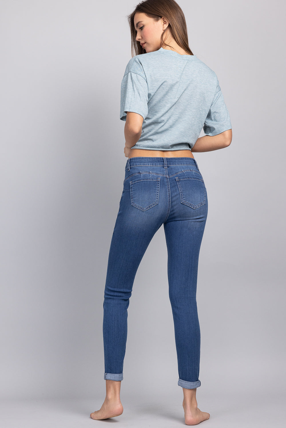 Mid Rise Push Up Ankle Skinny Jeans