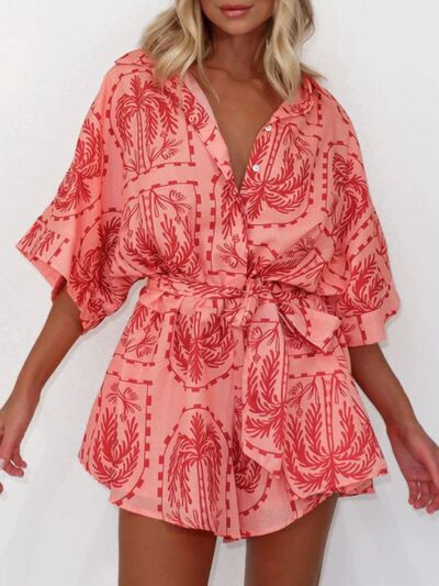 MUNSIEUR Printed Tie-Waist Romper - Luxury Half Sleeve Jumpsuit for Women