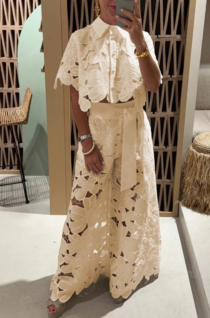 Solid Color Sexy Cutout Cardigan Blouse Wide Leg Two-piece Set