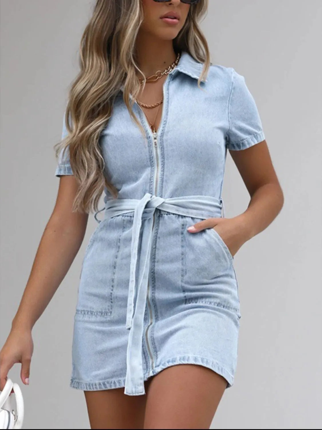 Full Size Zip Front Sleeve Denim Dress Plus Size