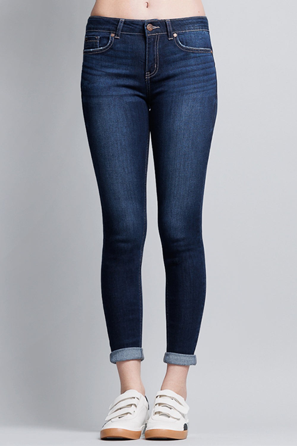 Mid Rise Push Up Roll Cuffed Ankle Skinny Jeans