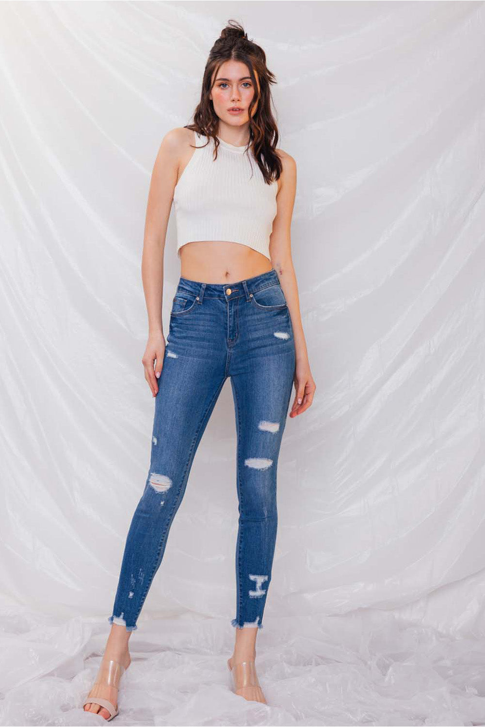 Destructed High Rise Ankle Skinny Jeans