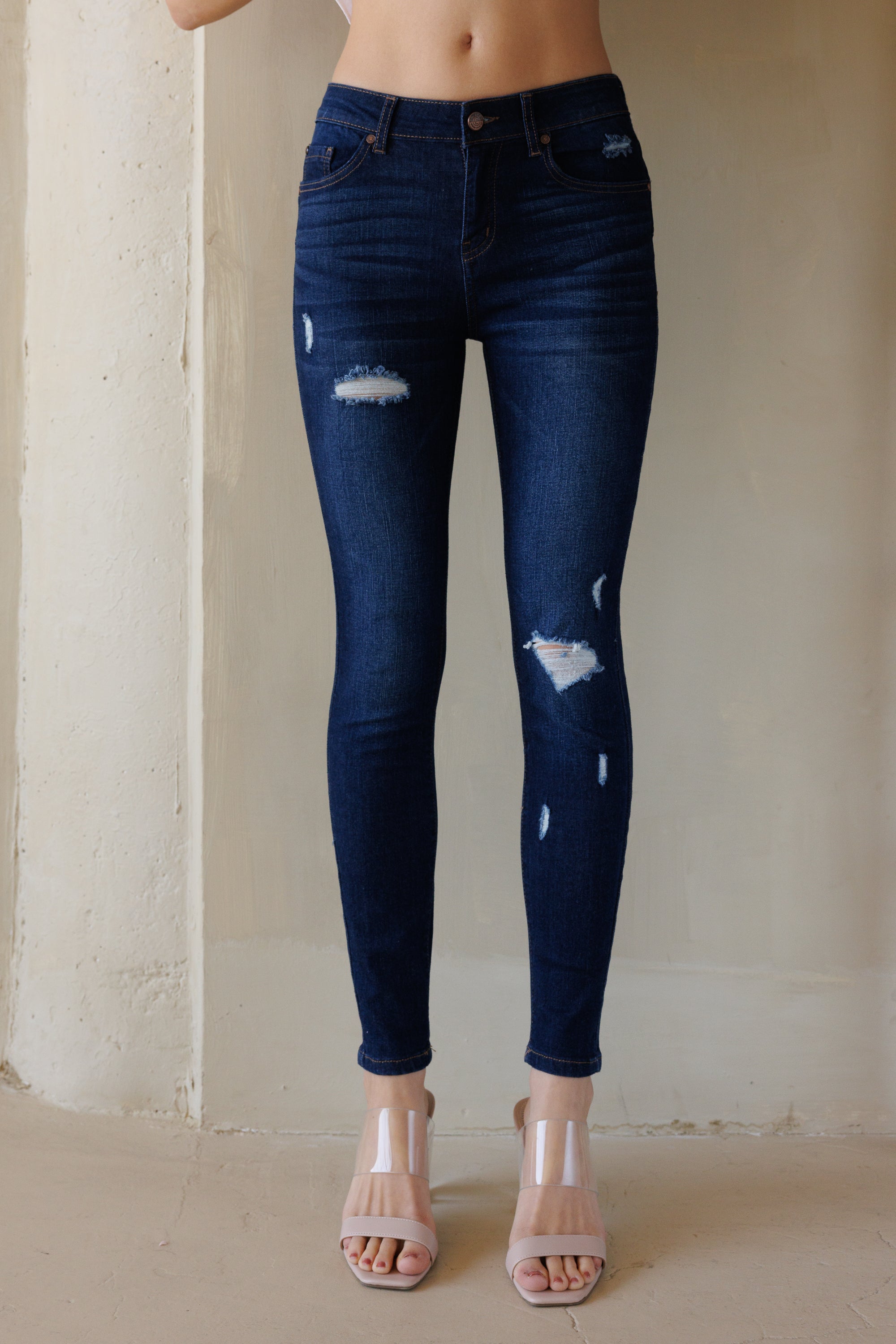 Mid Rise Destructed Skinny Jeans