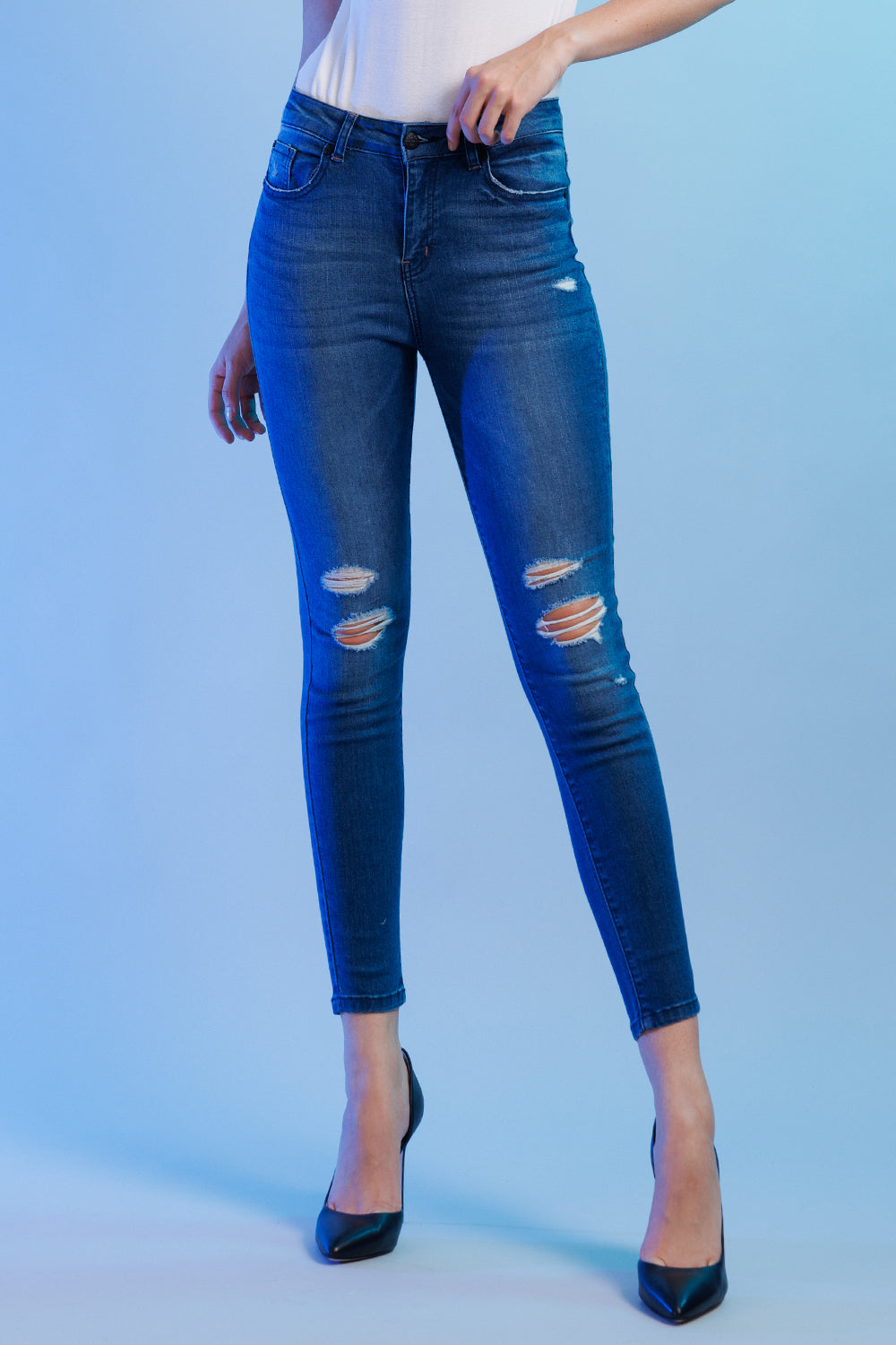 High Rise Destructed Skinny Jeans