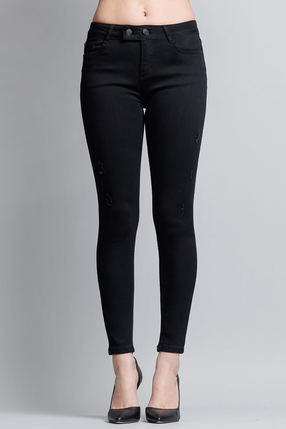 High Rise 2 Button Black Ankle Skinny Jeans