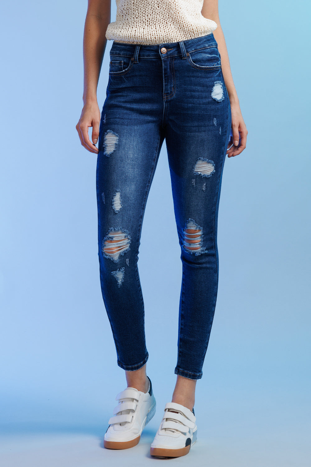 High Rise Destructed Skinny Jeans