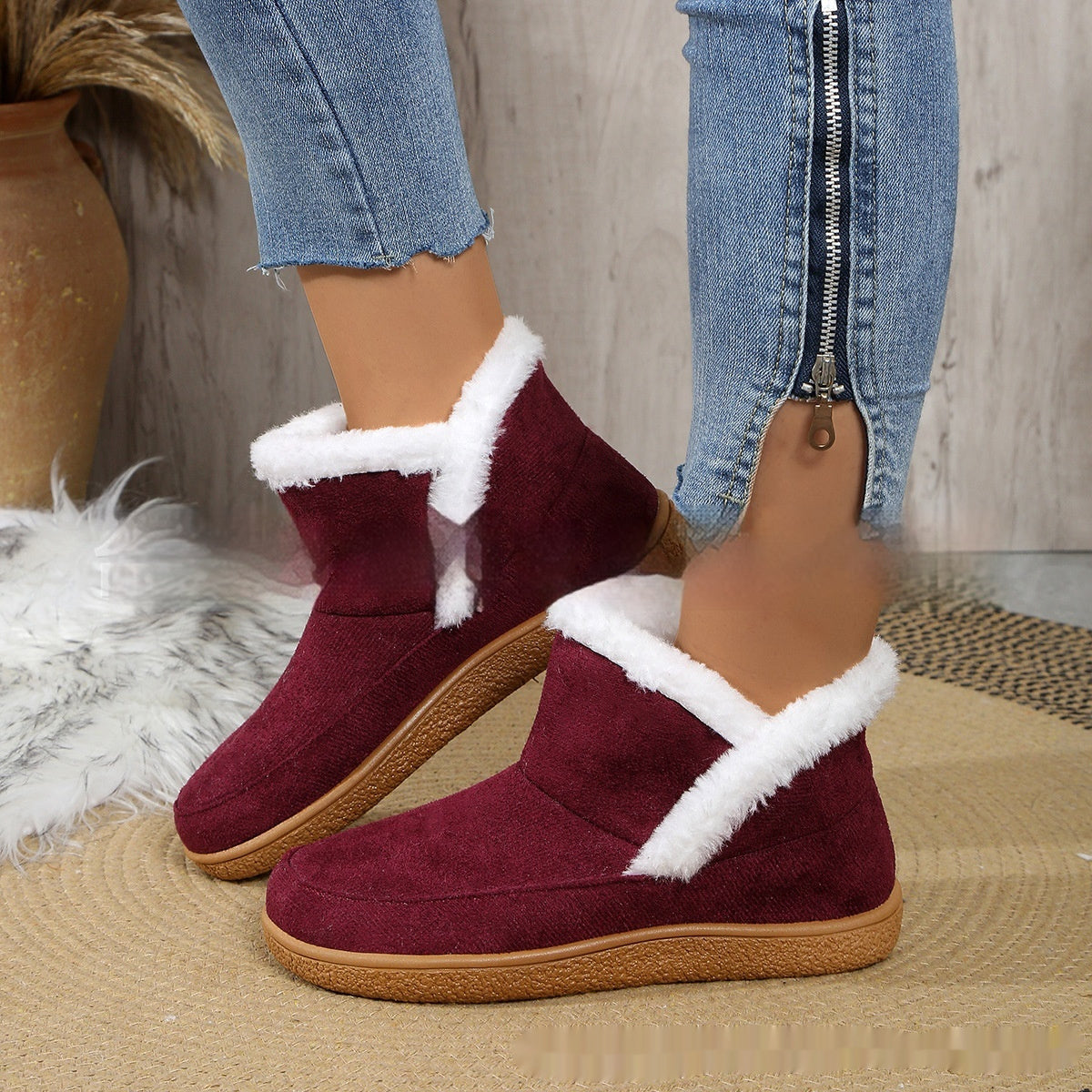 Insulated Cotton-padded booties Large Size boots Solid Color Fleece Lined Padded