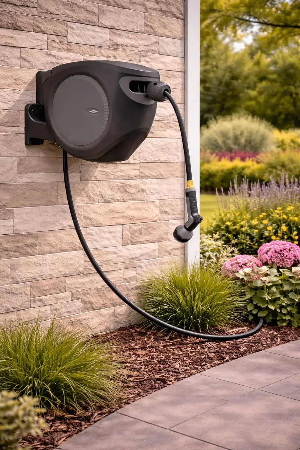 Sunneday Retractable Hose Reel | 75 ft 1/2" | Auto Rewind | 180° Swivel Wall Mount | Multi-Pattern Nozzle | Black/Gray