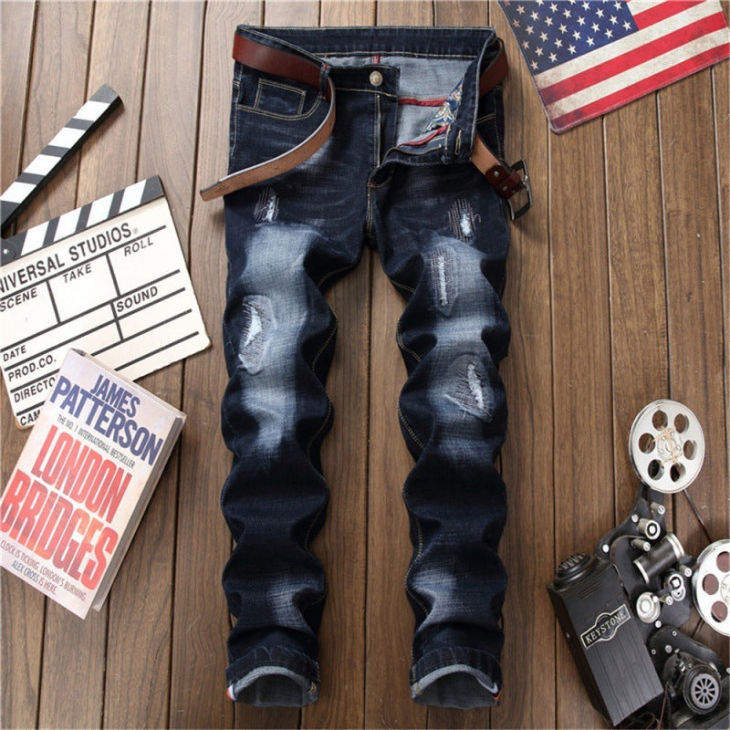 Blue With Holes Slim Fit Men's Pants