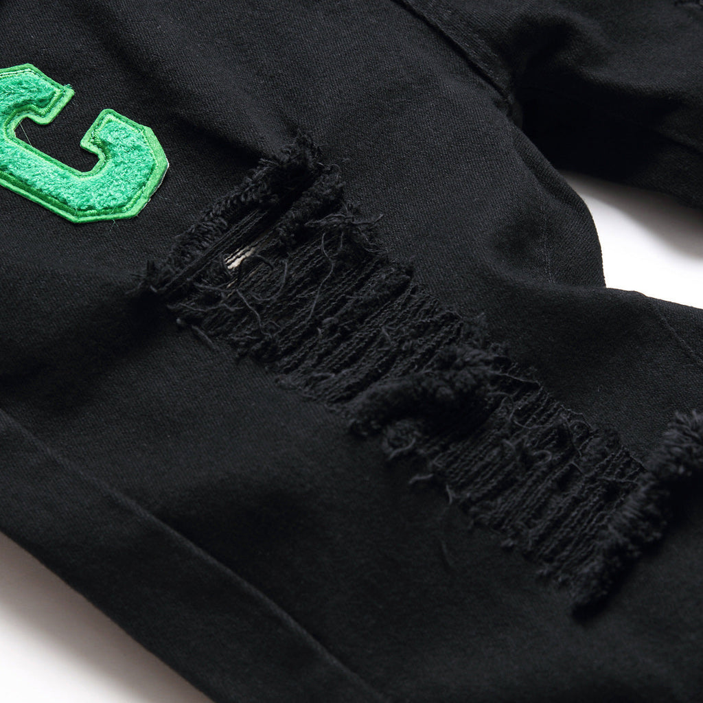 Men's Black Designer Patched Pants High Quality Fabric Slim-fitting