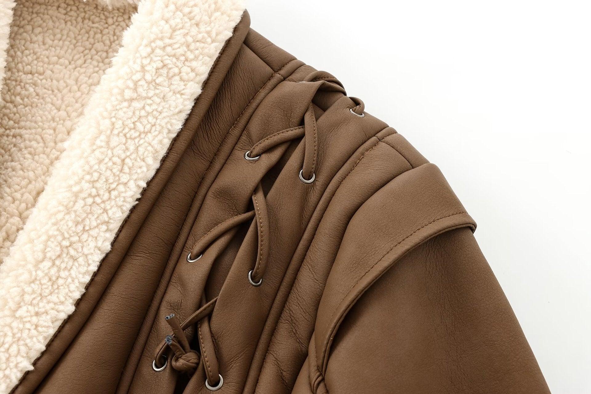Chic French Waist Suede Jacket - Stylish Chocolate Leather Jacket for Women