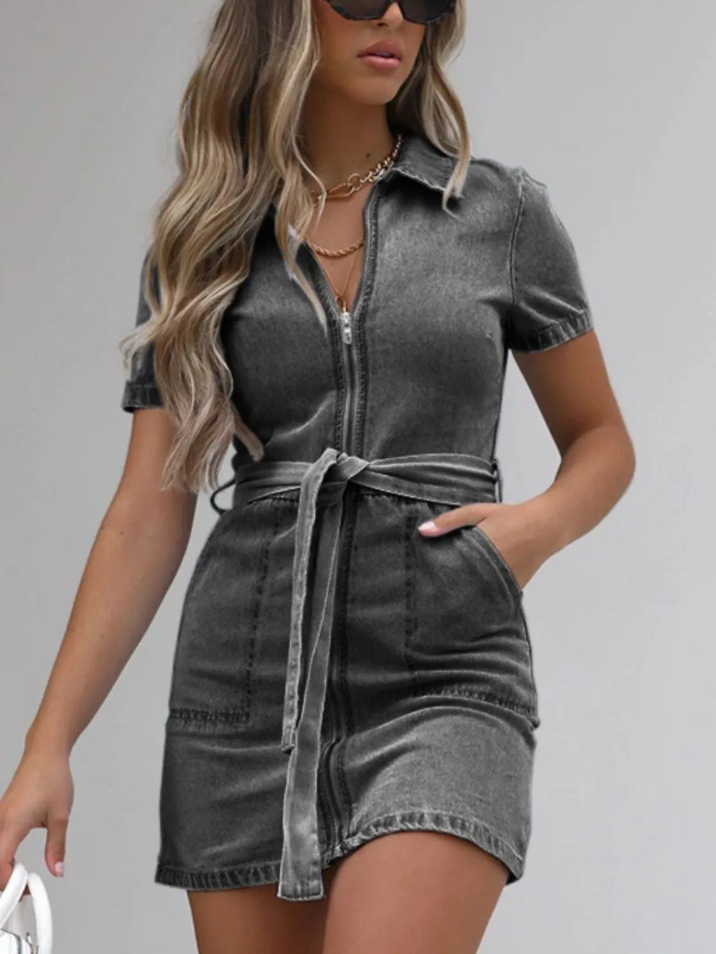 Full Size Zip Front Sleeve Denim Dress Plus Size