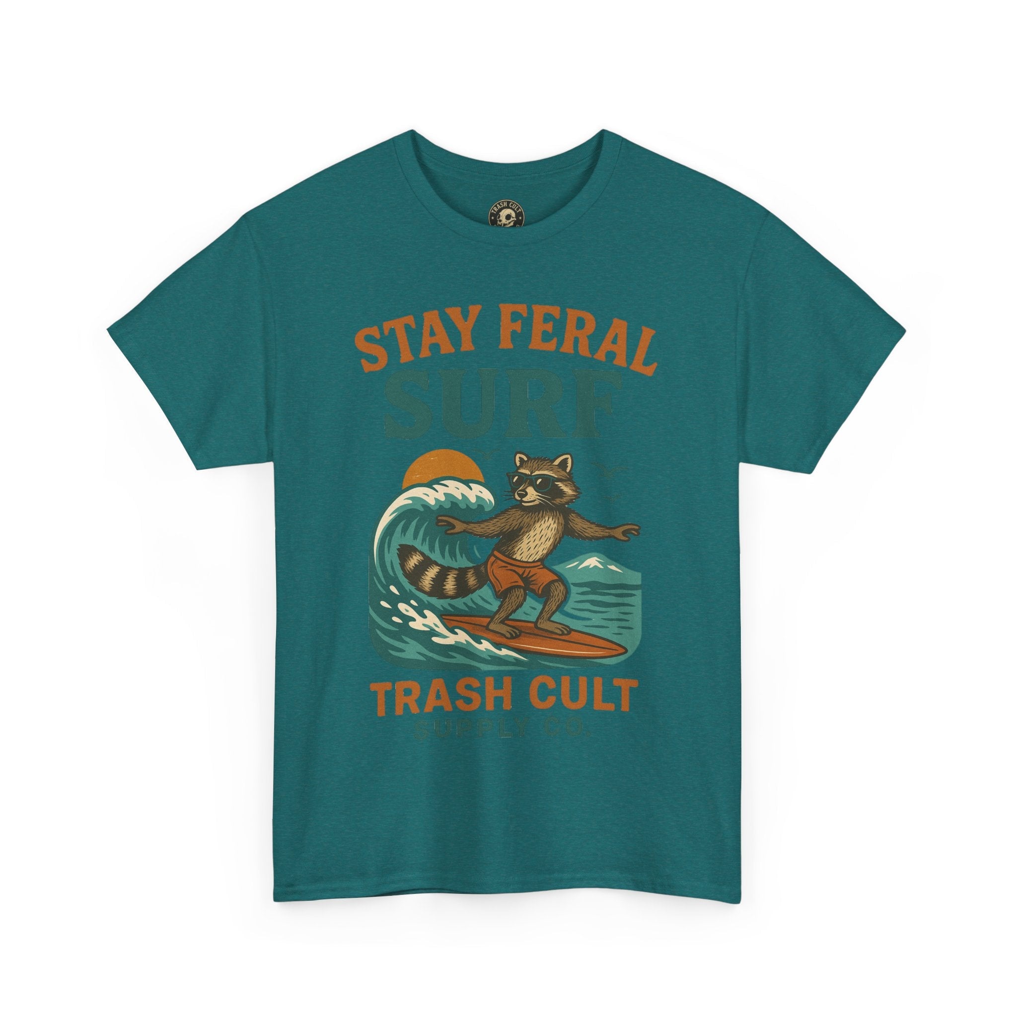 Stay Feral Surf Shirt – Retro Raccoon Beach Tee – Trash Cult Supply Co – Gildan 5000