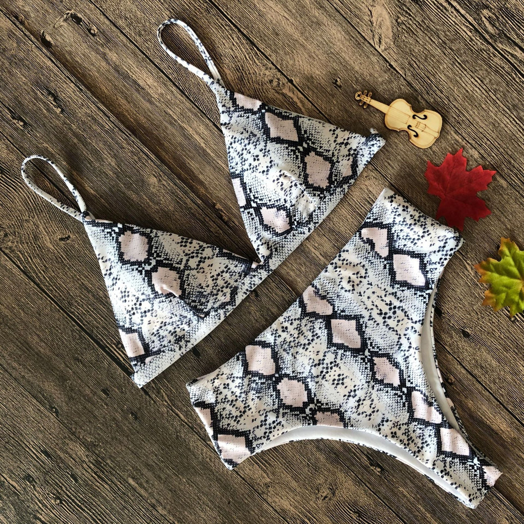 Snakeskin Leopard Print Bikini Women Split Cotton Print High Waist Swimsuit