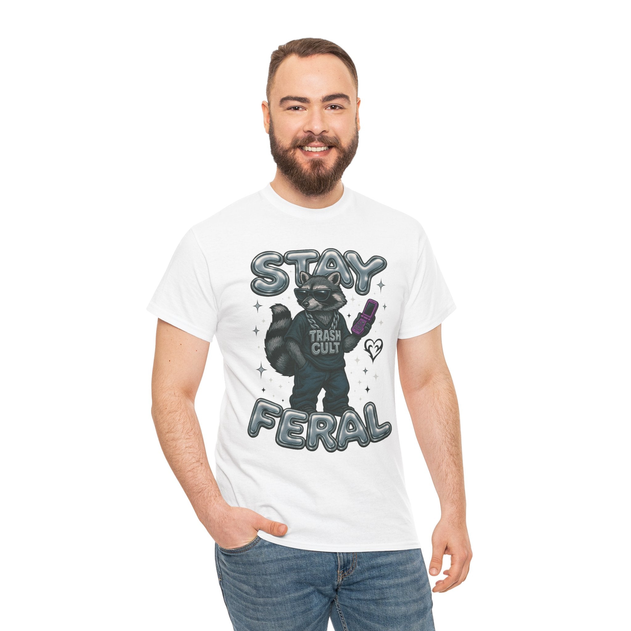 Stay Feral Chrome Raccoon Tee – Y2K Streetwear Trash Cult Shirt