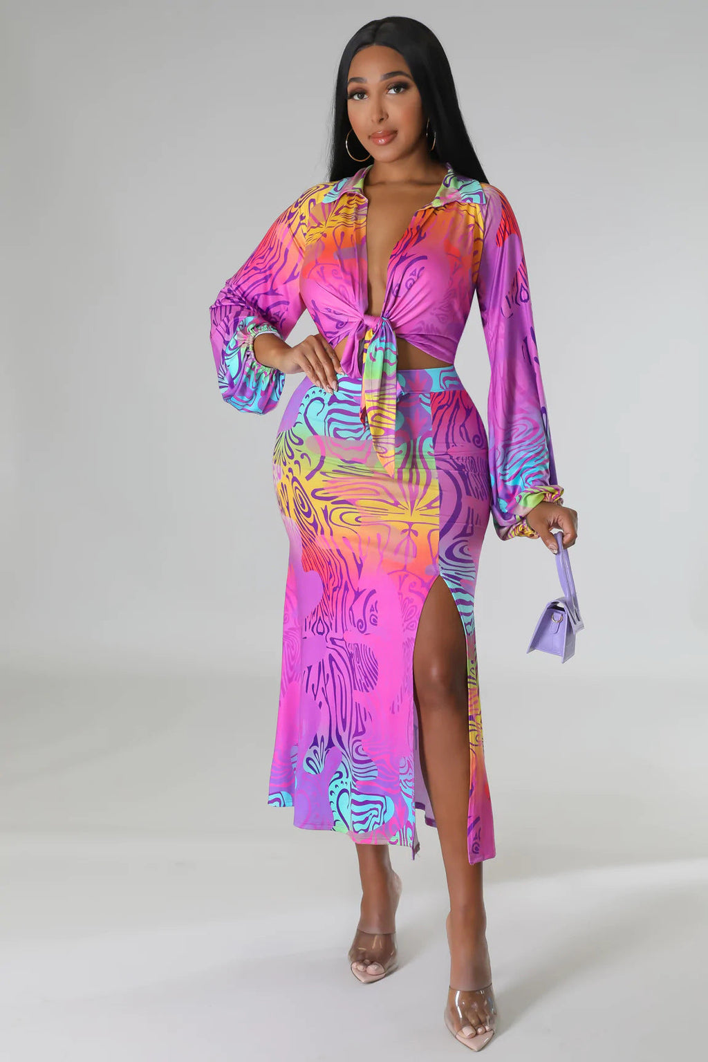 Long Sleeved Cardigan Two Piece Skirt Set