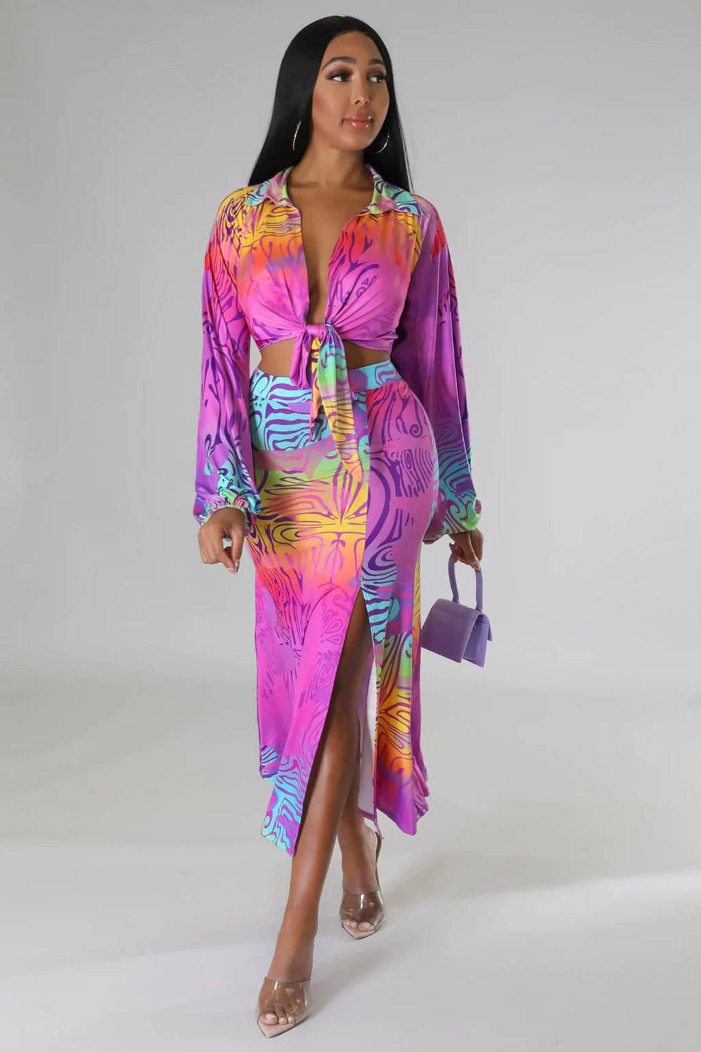 Long Sleeved Cardigan Two Piece Skirt Set