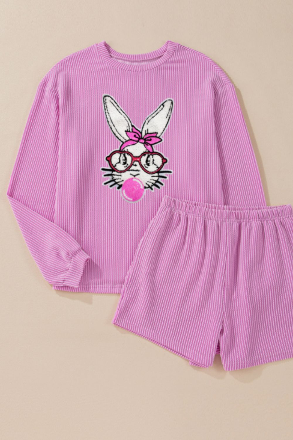 Women's 2pc. Bubble Gum Rabbit Sequin Romper Set