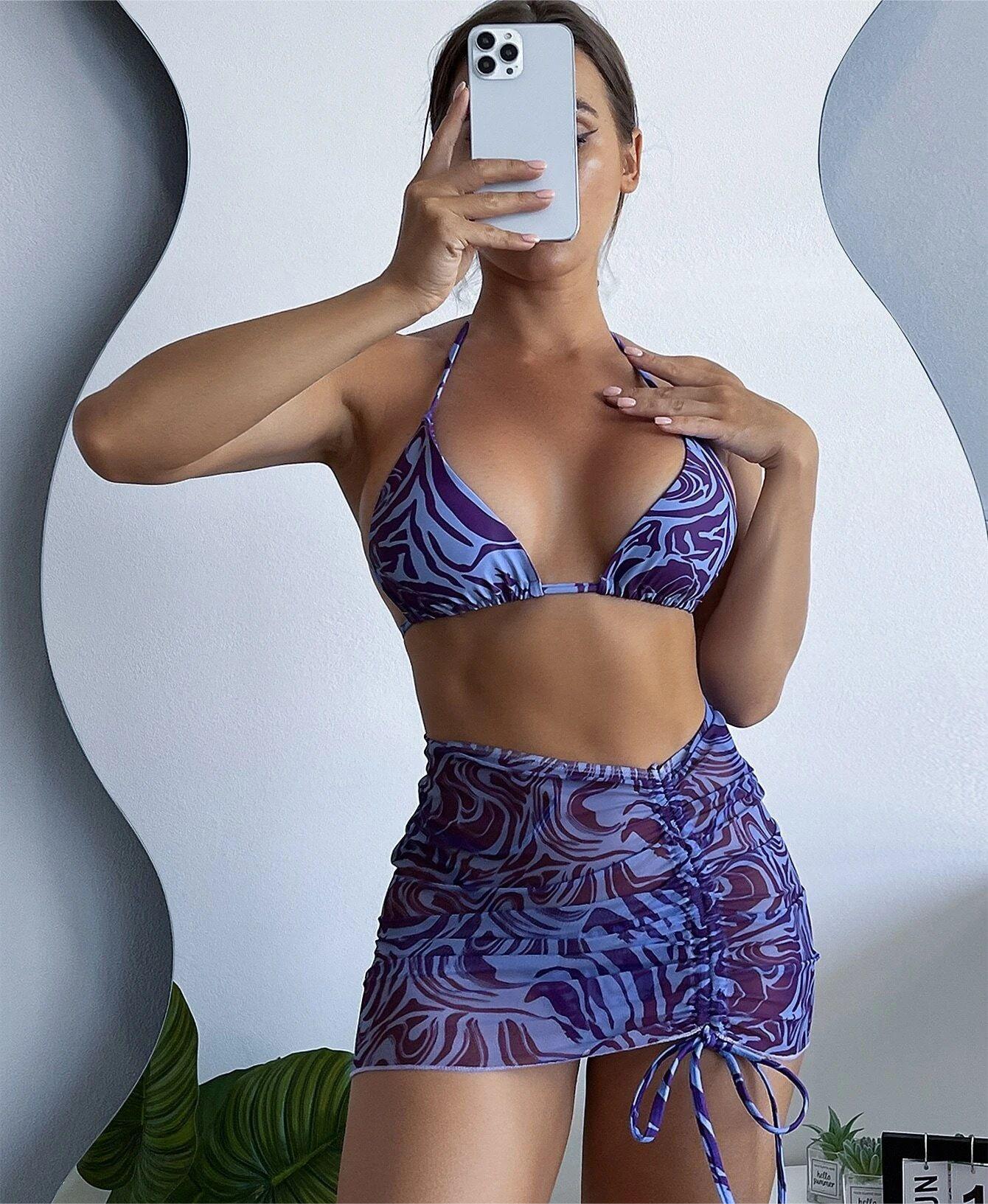Swimwear Three Piece Summer Striped Printed Sexy Halter Bikini Short Swimsuit for Women
