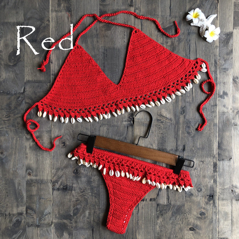 Beach Ins Hand Crocheting Cotton Woven Sexy Bikini Shell Split Swimsuit