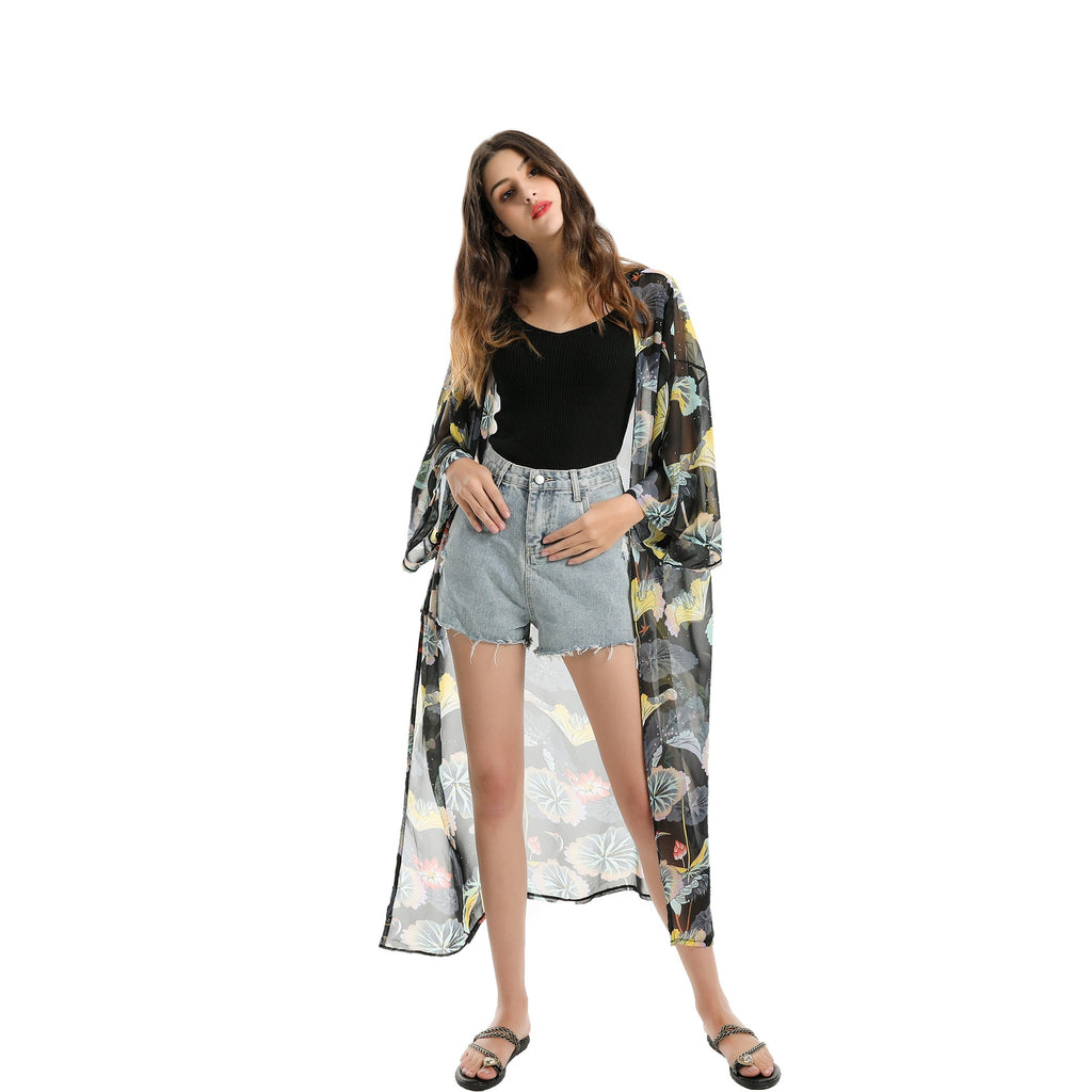 Spring, Summer, Autumn Classical Elegant Floral Lotus Leaf Travel Sun Protective Blouse Swimwear Cover up
