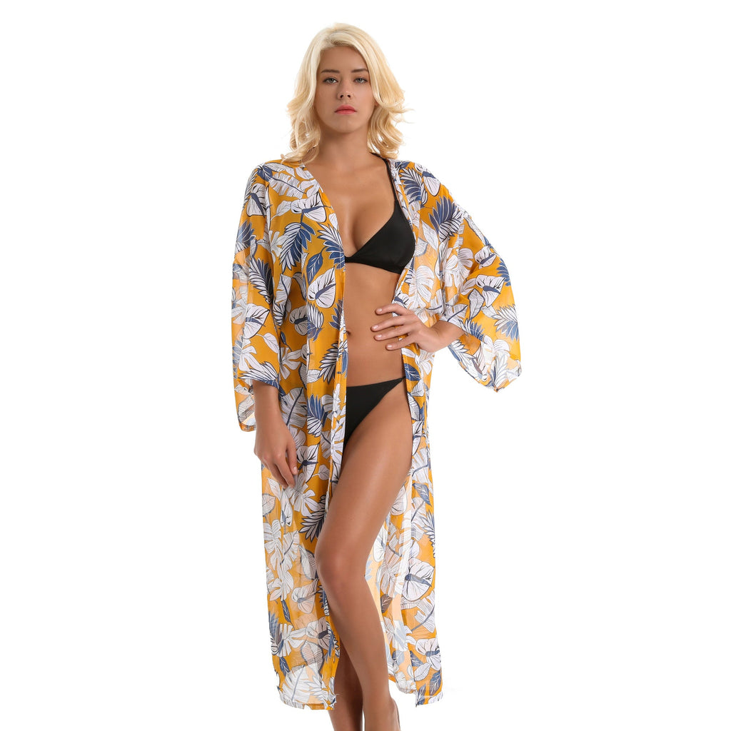 Spring, Summer Autumn Tropical Japanese Banana Leaf Palm Leaf Chiffon Lightweight Swimwear Cover up Sun Protective Blouse