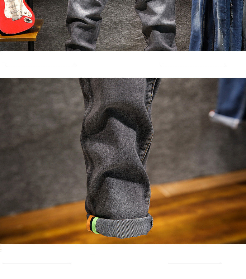 Slim Fit Stretch Small Straight Stone-Washed Solid Color Pants for Men