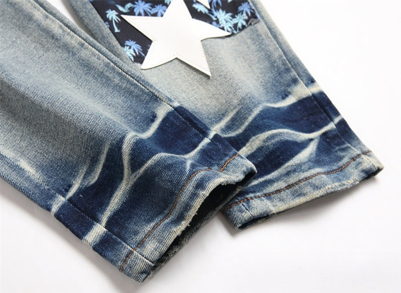Men's Pants Blue With Holes Embroidered Printed