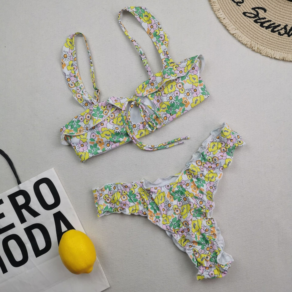New Multi Color Printed Bikini Fresh Swimsuit Women Lace Split Swimsuit
