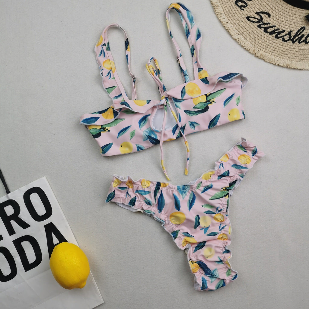 New Multi Color Printed Bikini Fresh Swimsuit Women Lace Split Swimsuit