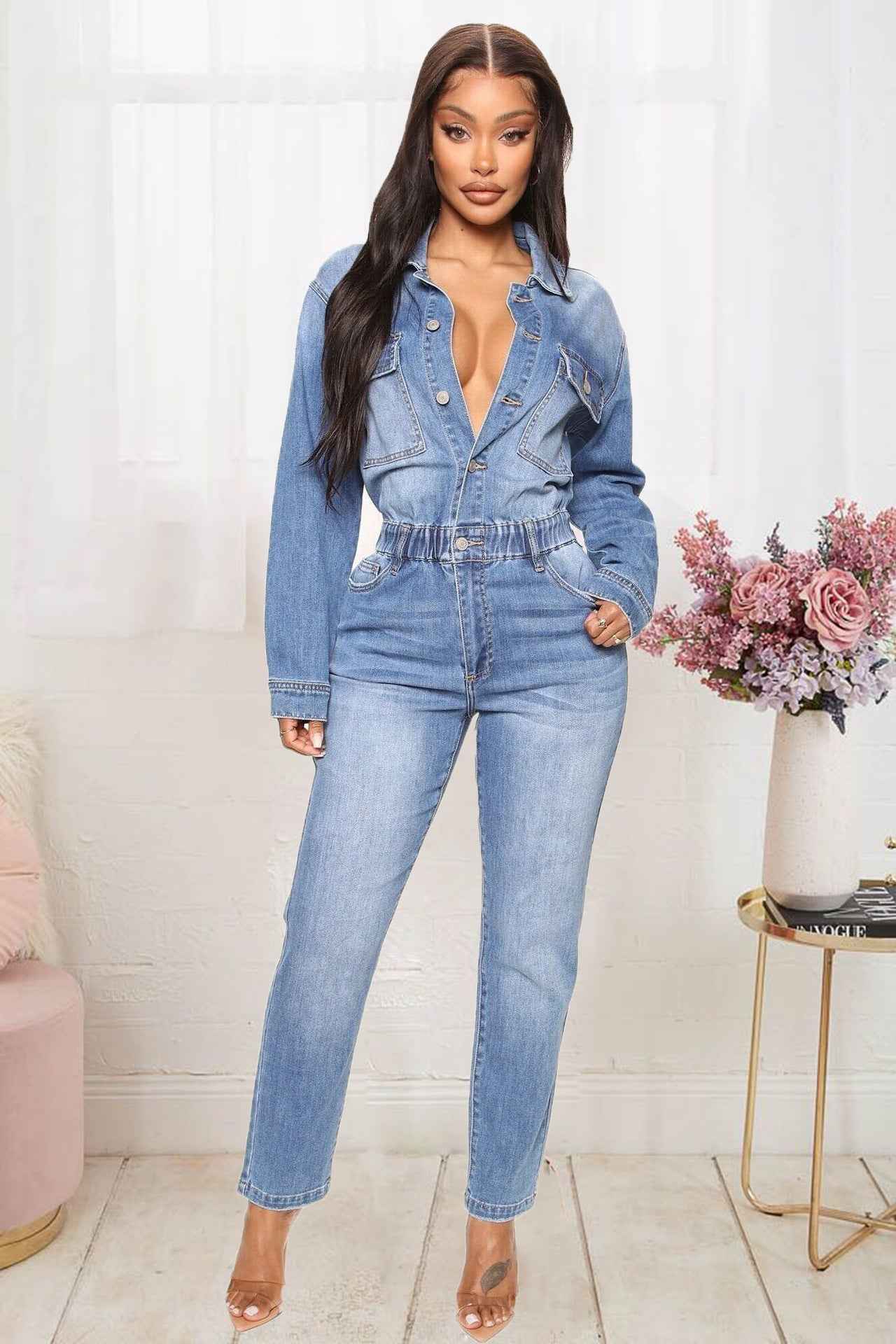 Women's Slim Elastic Band Washed Denim Jumpsuit
