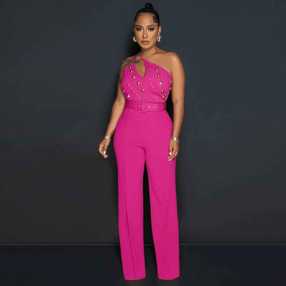 Elegant Solid Color Jumpsuit Slim Fit One Shoulder