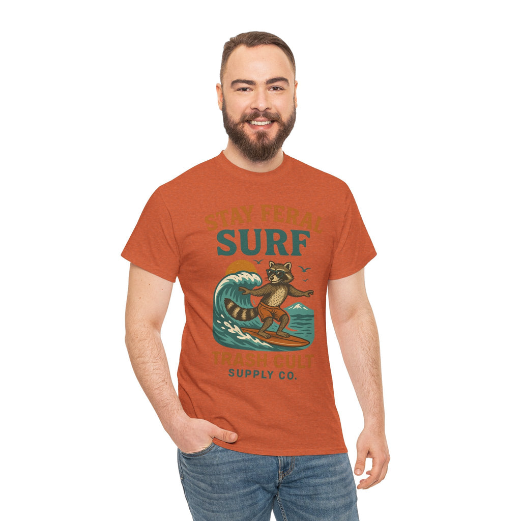 Stay Feral Surf Shirt – Retro Raccoon Beach Tee – Trash Cult Supply Co – Gildan 5000