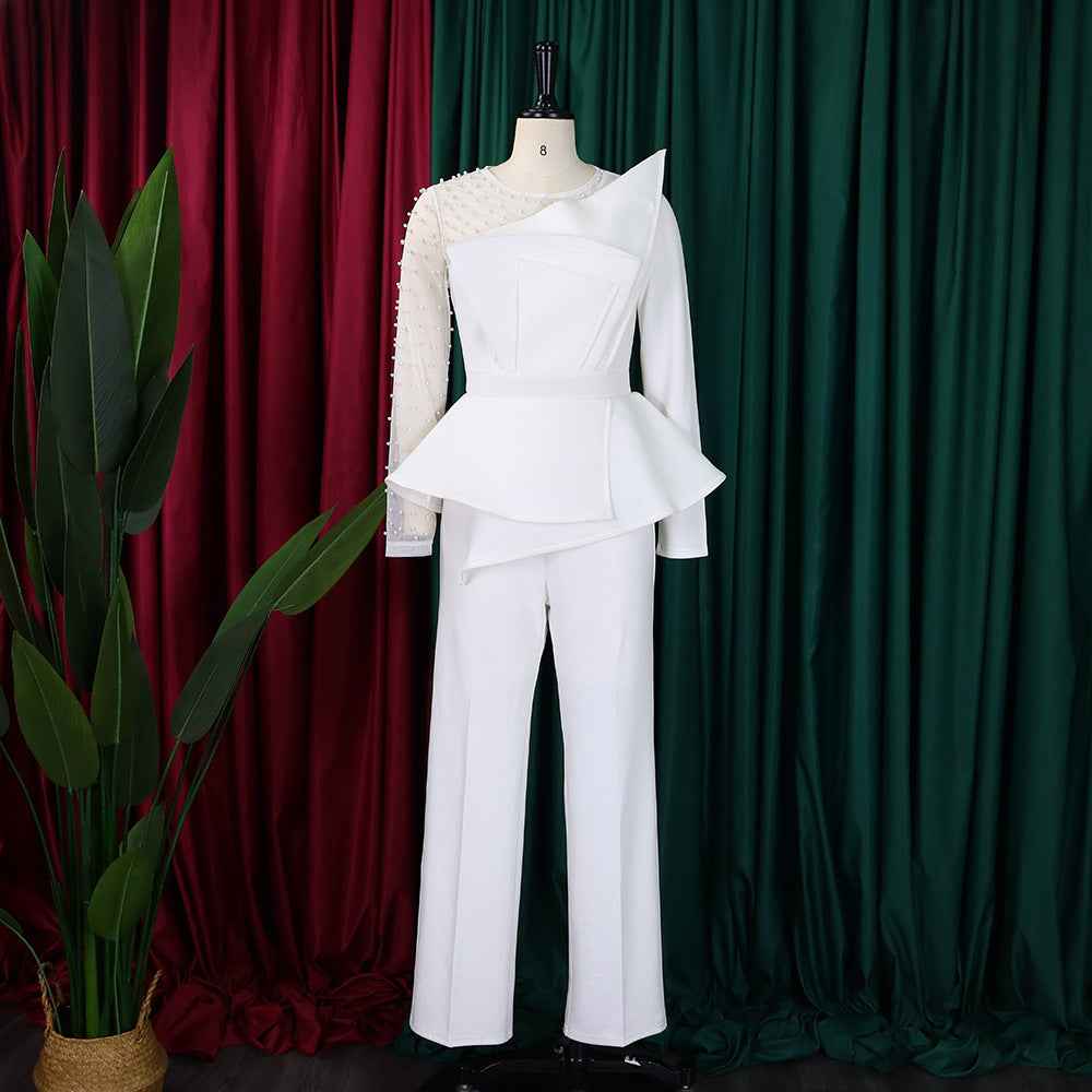 Women Clothing Stitching Mesh Beads Waist Slimming Jumpsuit