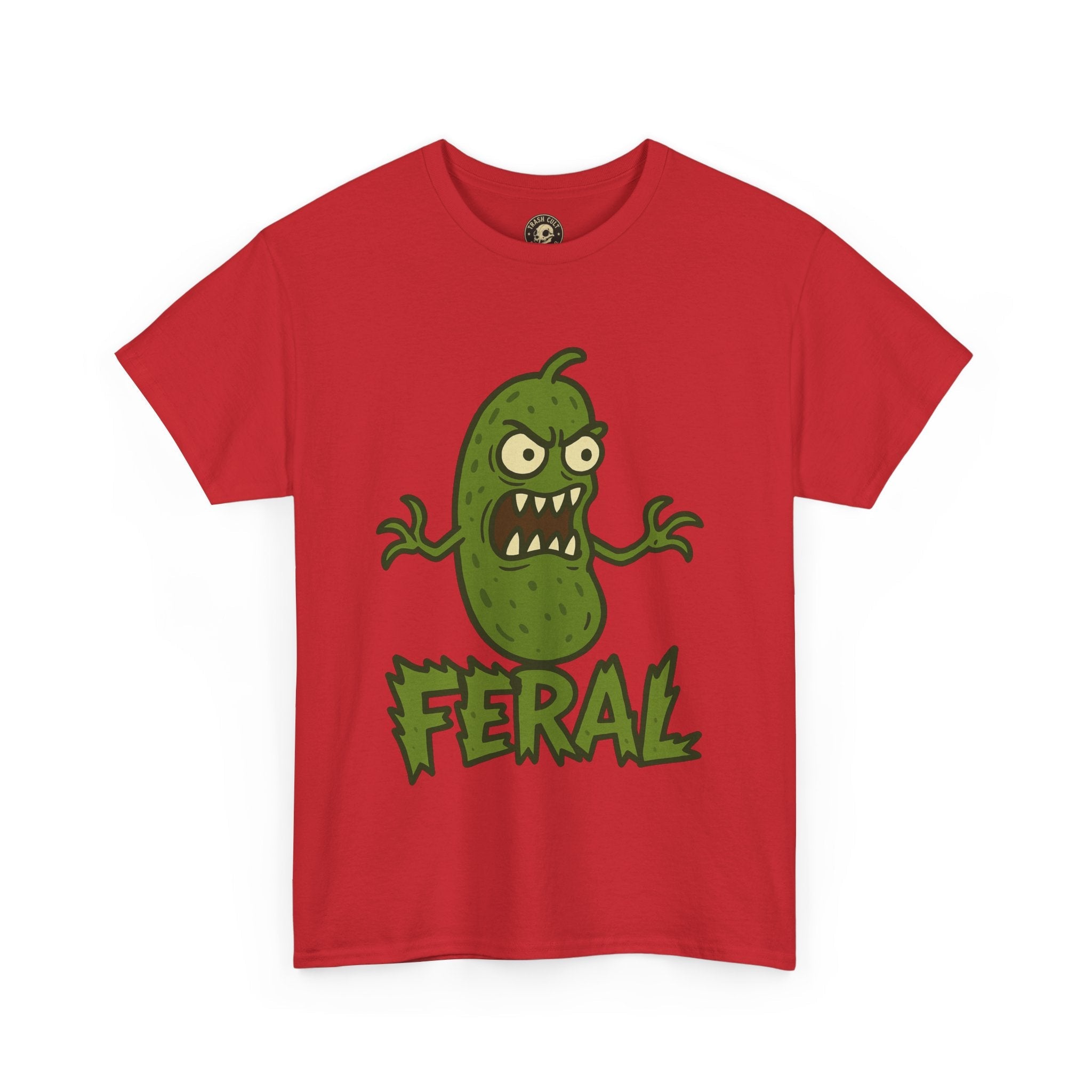 Feral Pickle Cartoon Tee – Trashcore Angry Pickle Shirt – Gildan 5000 Unisex Heavy Cotton