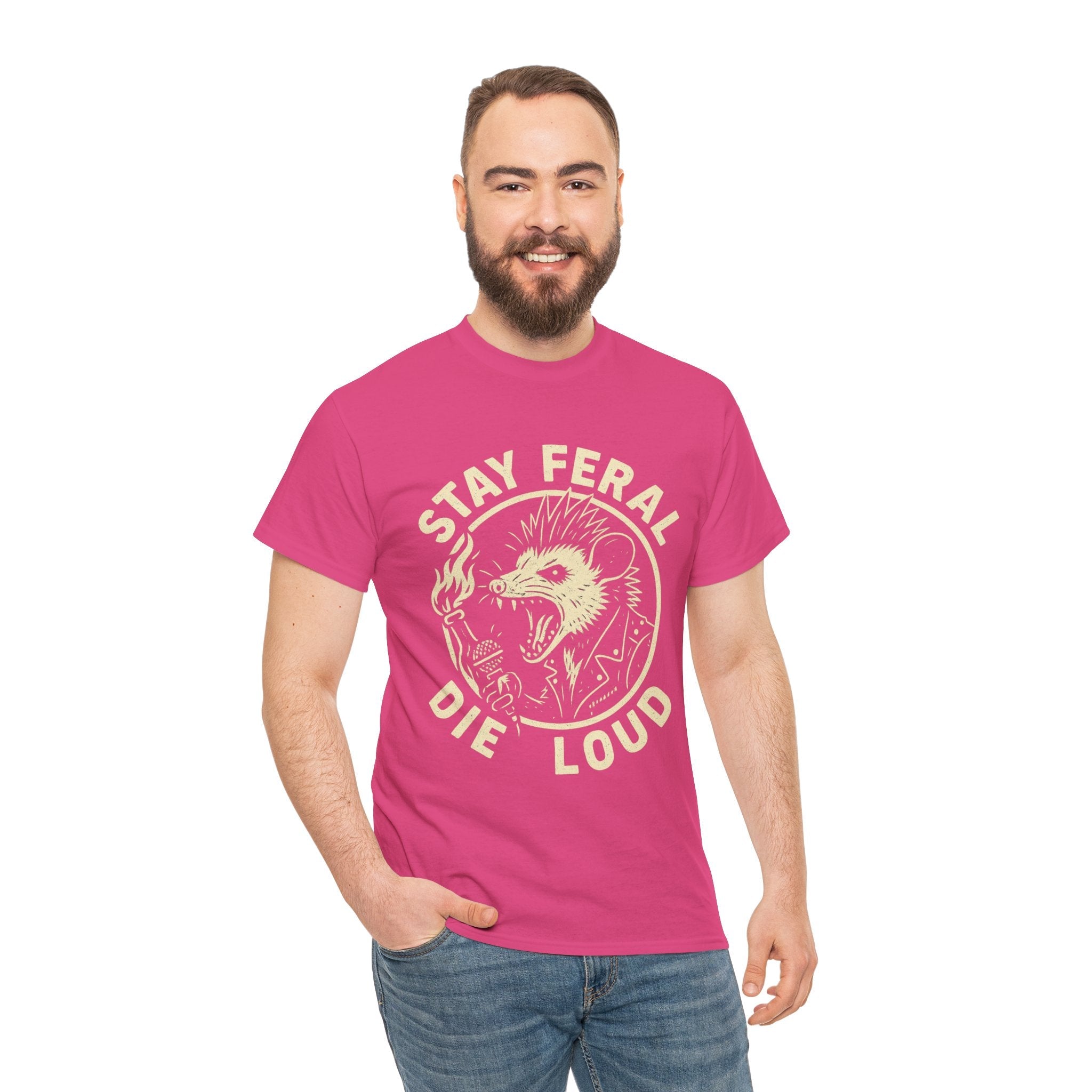 Stay Feral Die Loud Possum Punk Shirt – Trash Cult Supply Co – Gildan 5000 T-Shirt