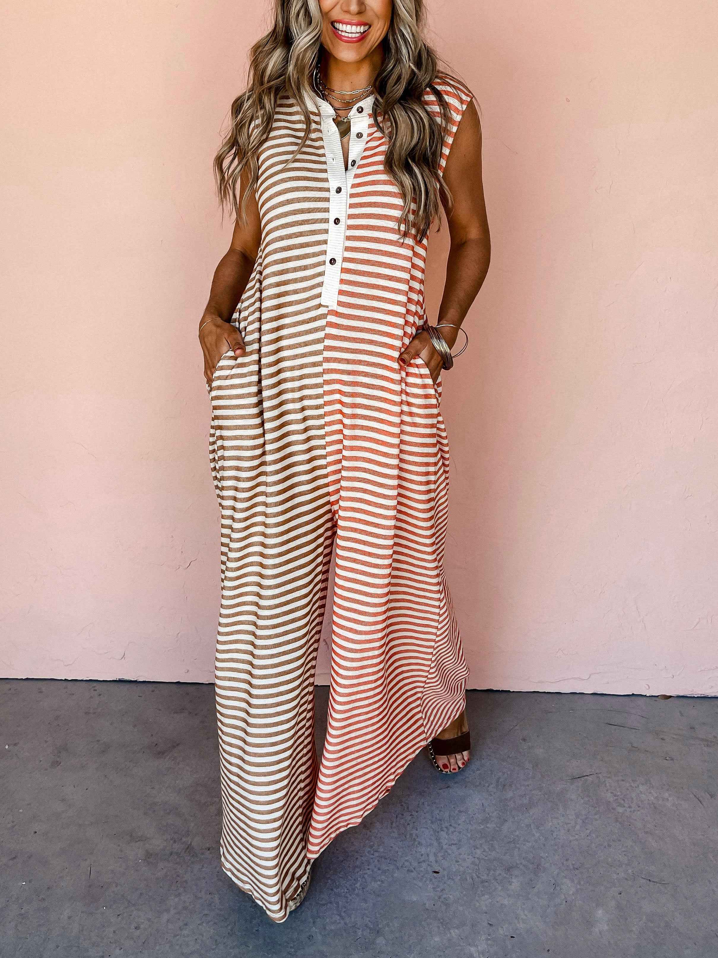 Jumpsuit Mixed Color Stripe Sleeveless Loose