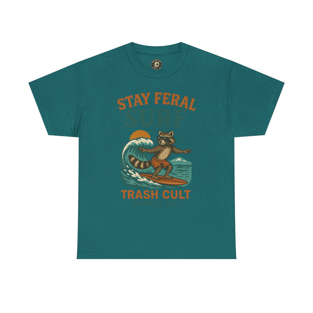Stay Feral Surf Shirt – Retro Raccoon Beach Tee – Trash Cult Supply Co – Gildan 5000