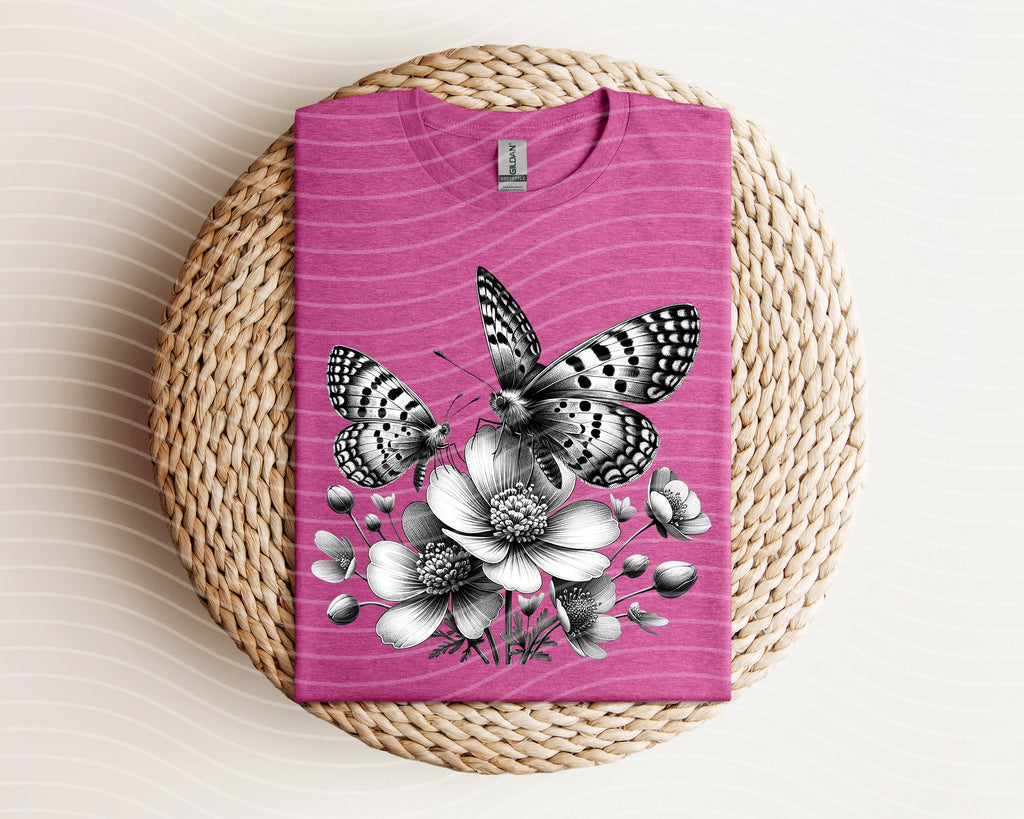 Black and White Floral Butterflies Graphic Tee
