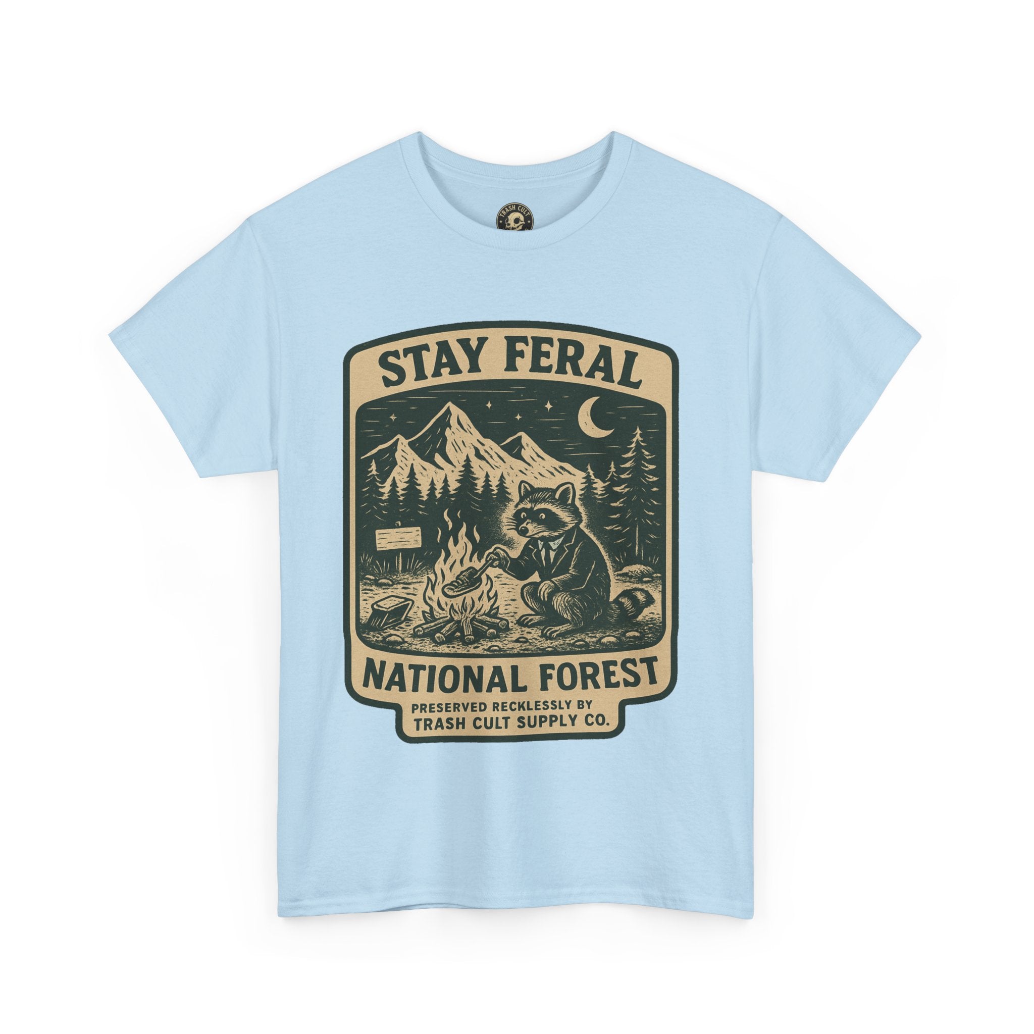 Stay Feral National Forest Shirt – Vintage Raccoon Camping Tee – Trash Cult Supply Co – Gildan 5000