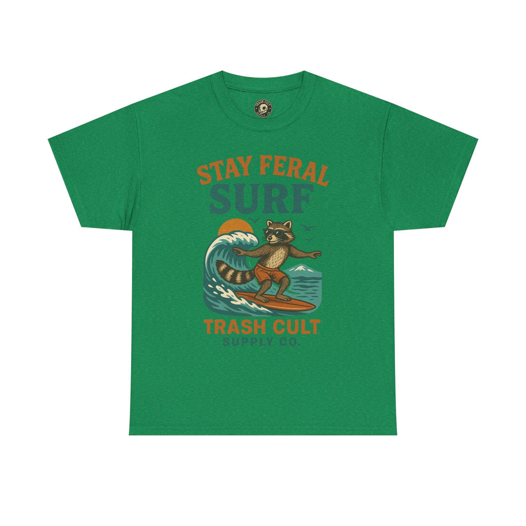 Stay Feral Surf Shirt – Retro Raccoon Beach Tee – Trash Cult Supply Co – Gildan 5000