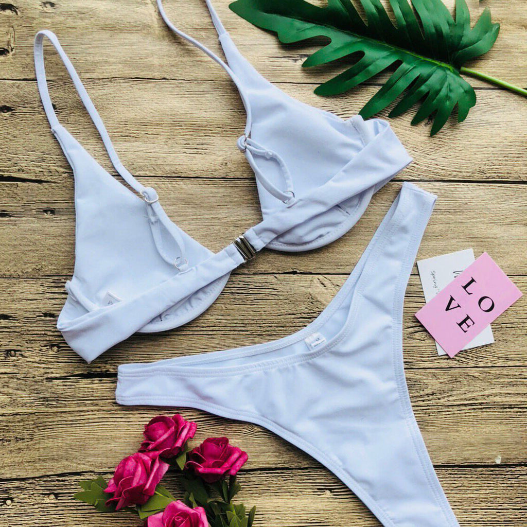 Swimwear Summer Bikini Women Swimsuit Bra and Panties Set Solid Color