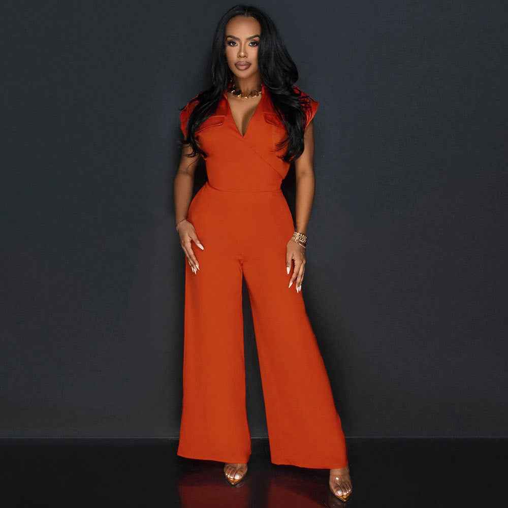Women Solid Color Sleeveless V neck Wide Leg Jumpsuit